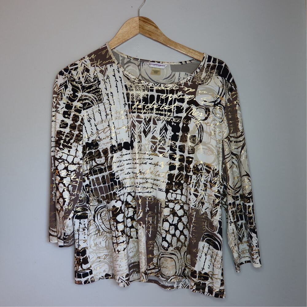 Allison Daley Vintage Gold Script Print Top PL Y2K Indie
